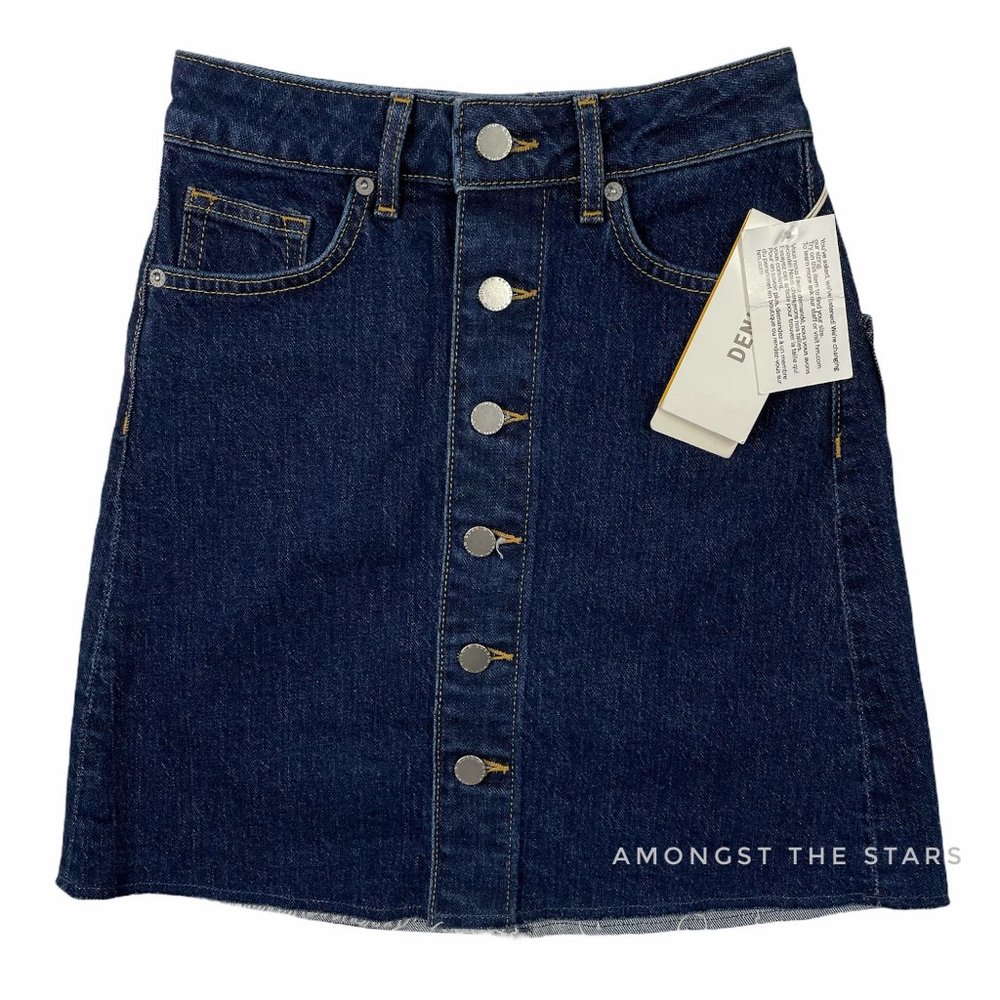 H&M Button Front Blue Denim Frayed Hem Mini Skirt